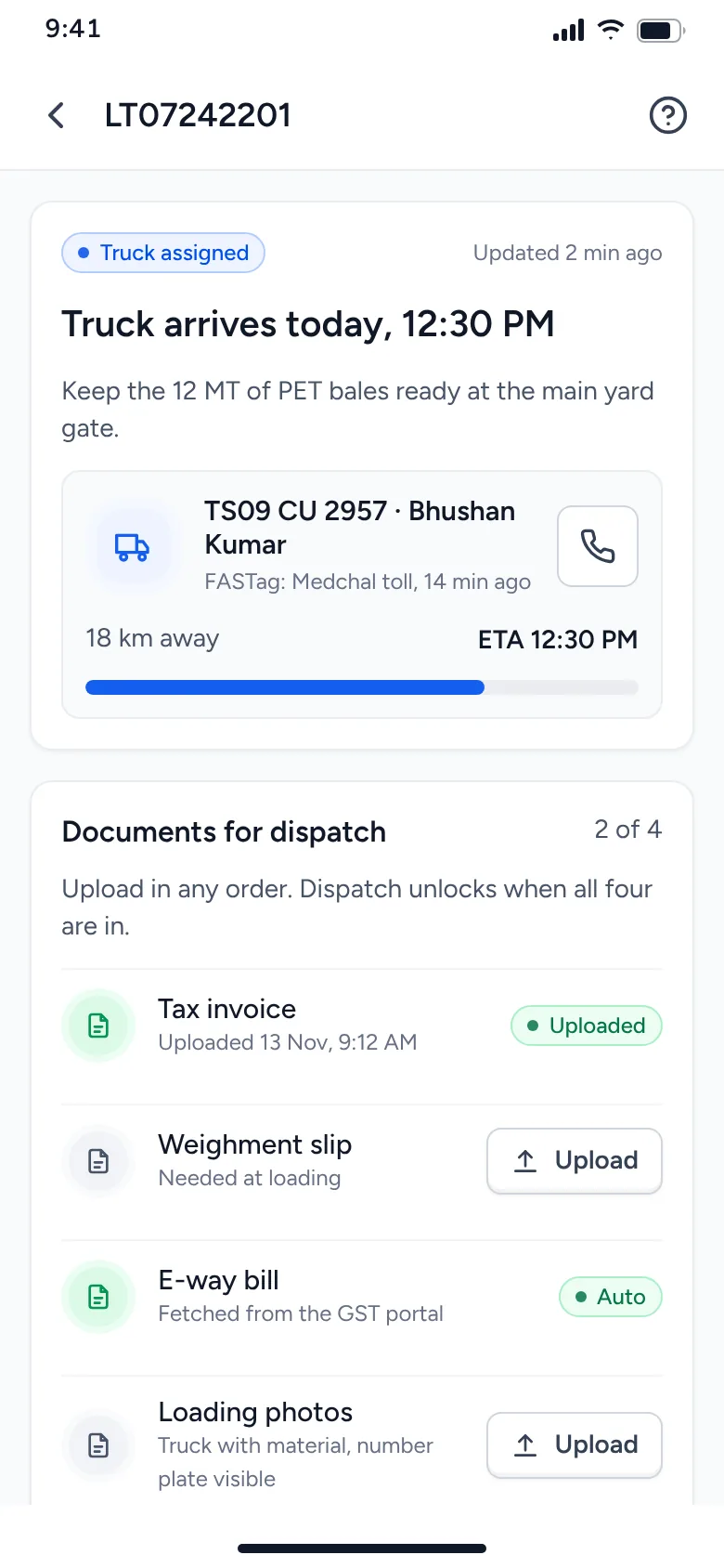 Shipped order with truck tracking and documents