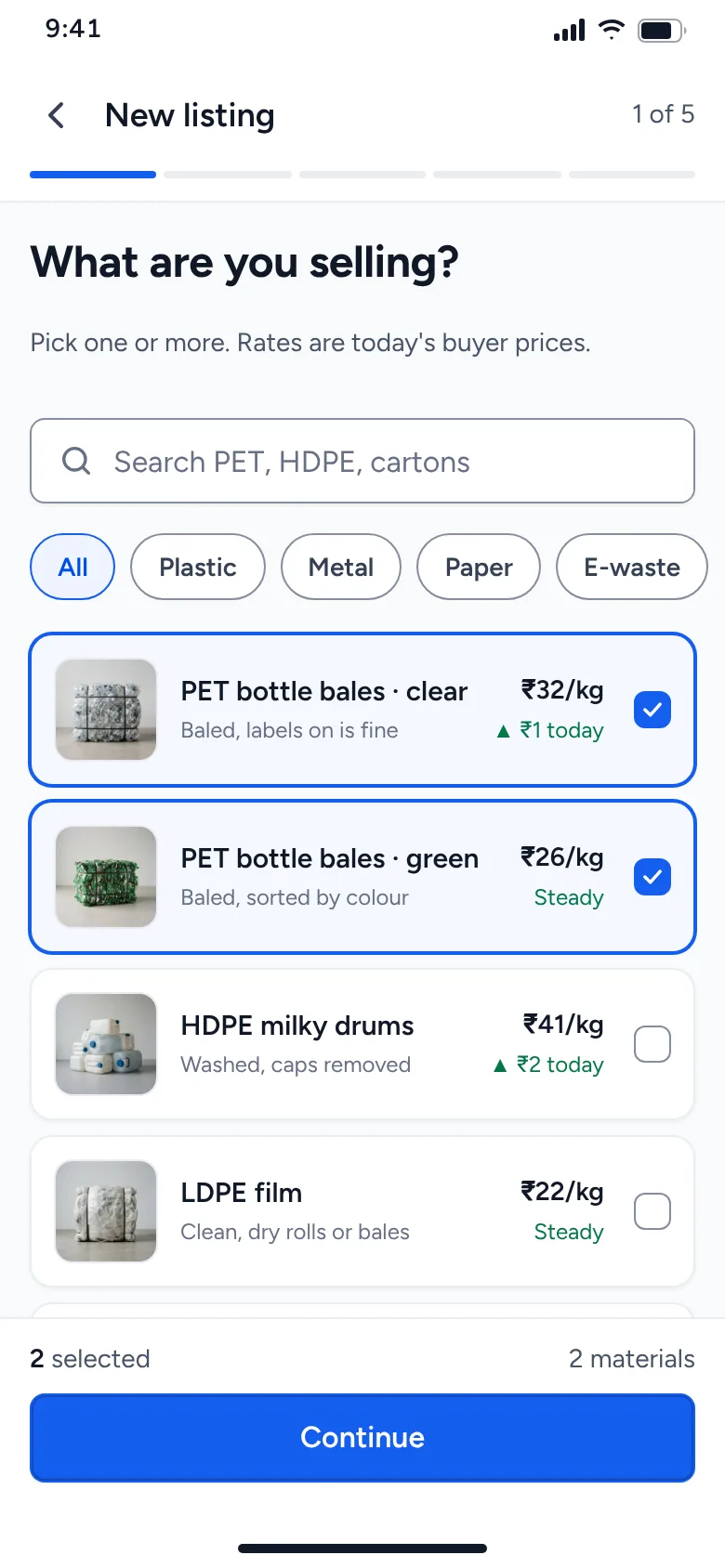 Pick a material with live rates