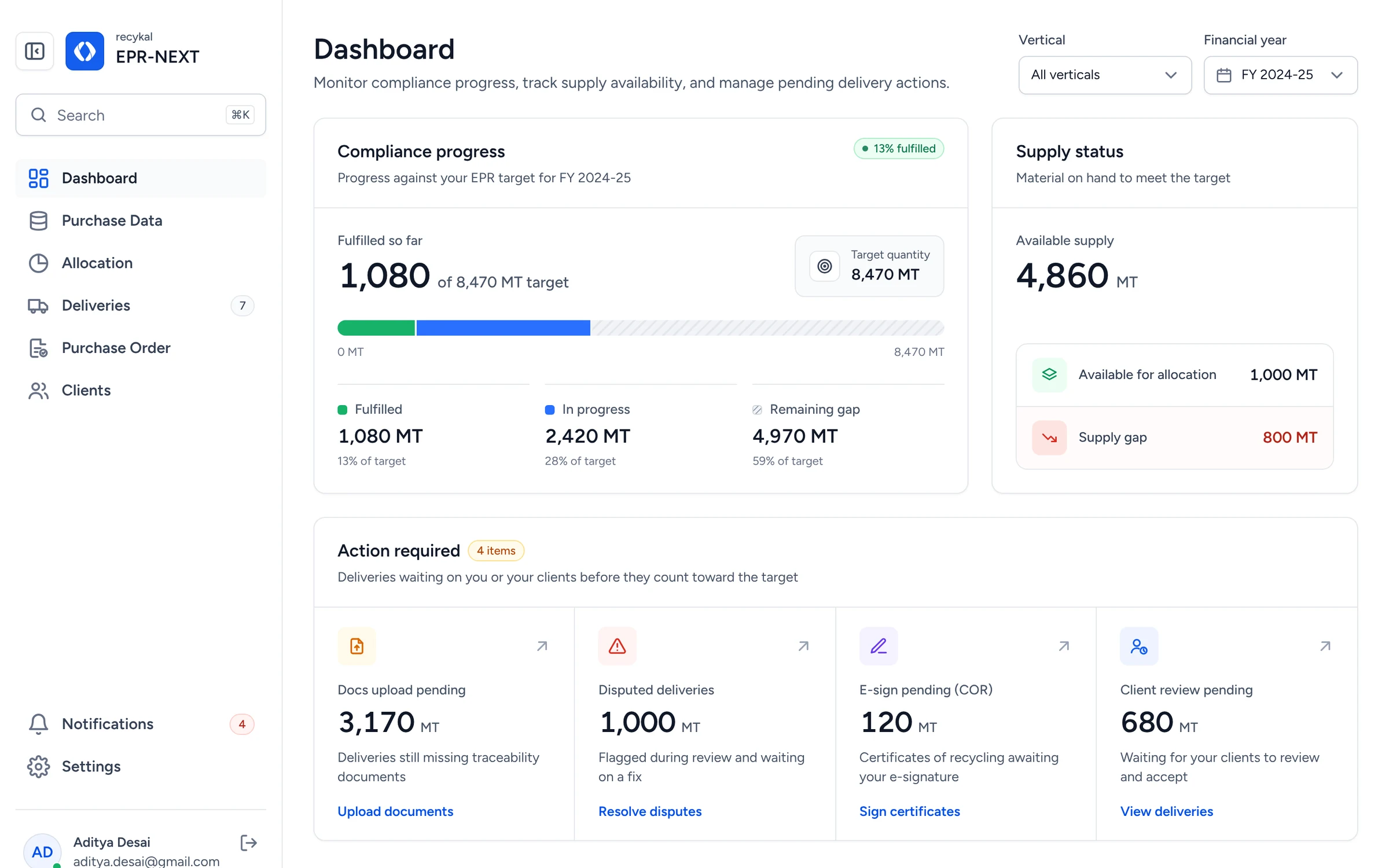 EPR Next dashboard showing compliance progress and pending actions