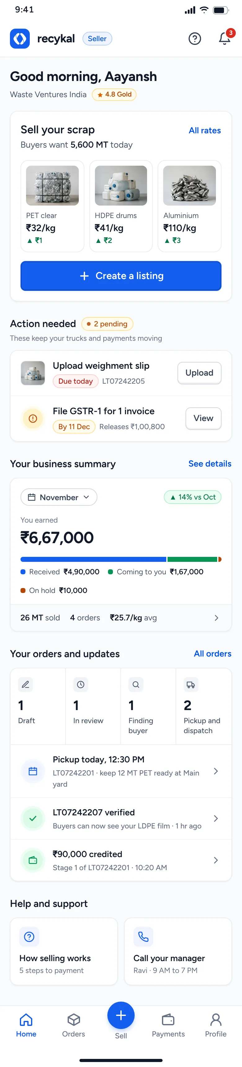 The full seller home screen, scrolled from rates to help and support