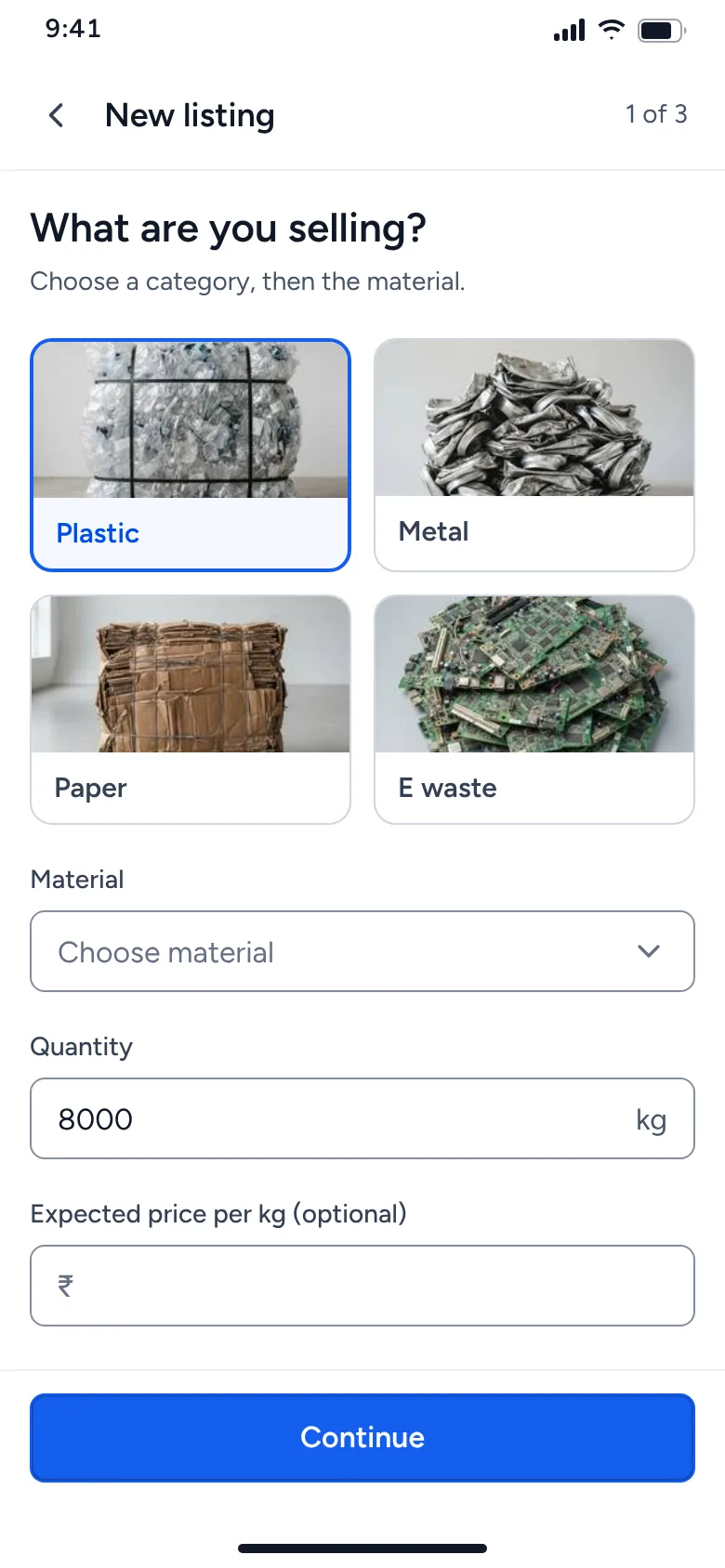 Listing version 1 with category tiles and a material dropdown