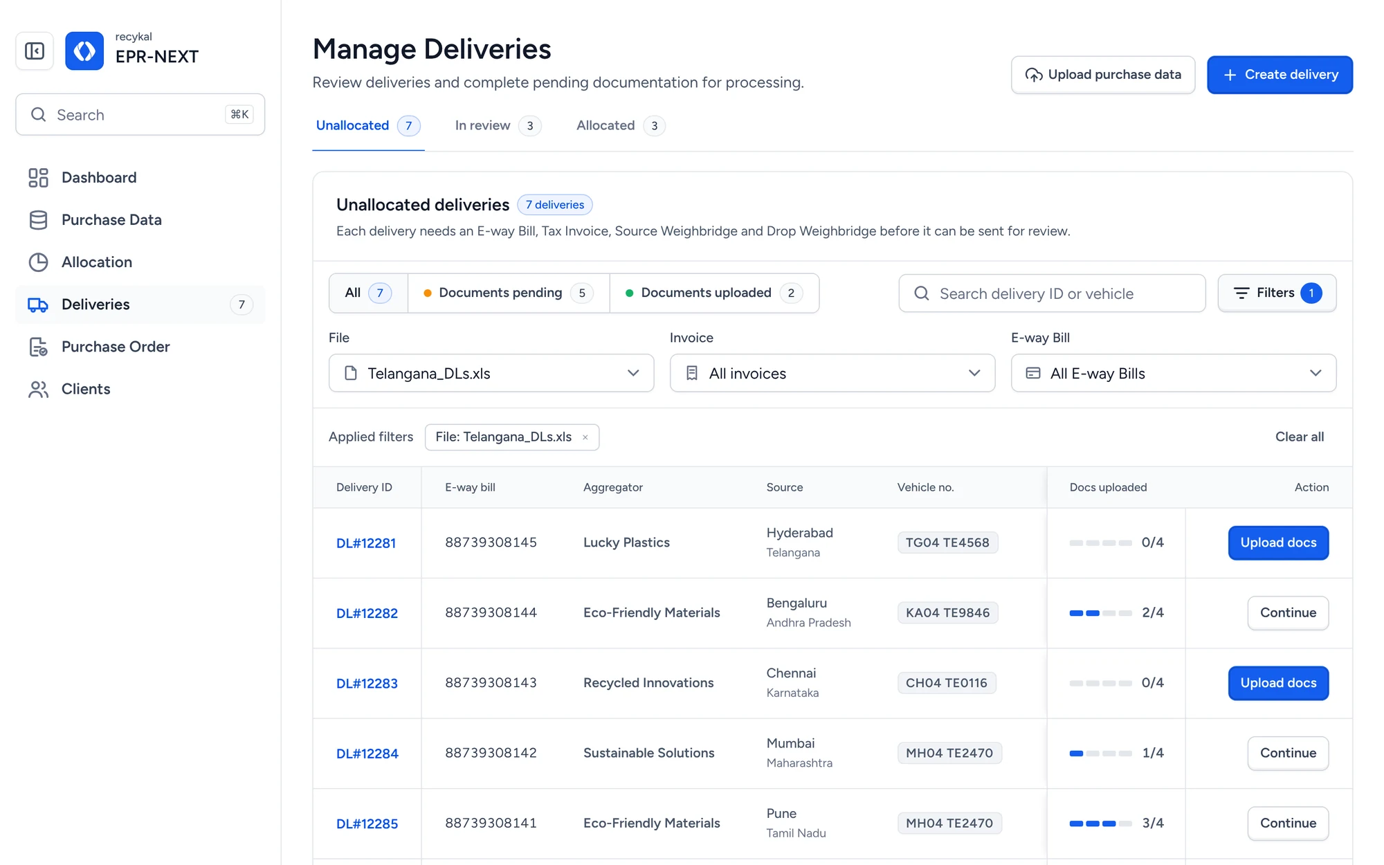 Manage deliveries table with status tabs and filters