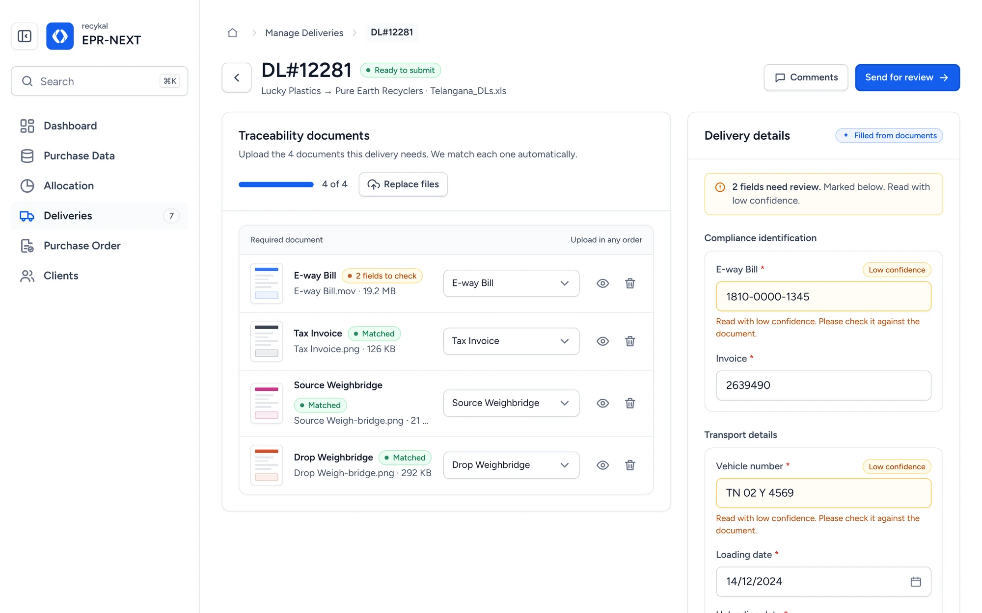 Delivery detail with documents matched and fields filled from documents