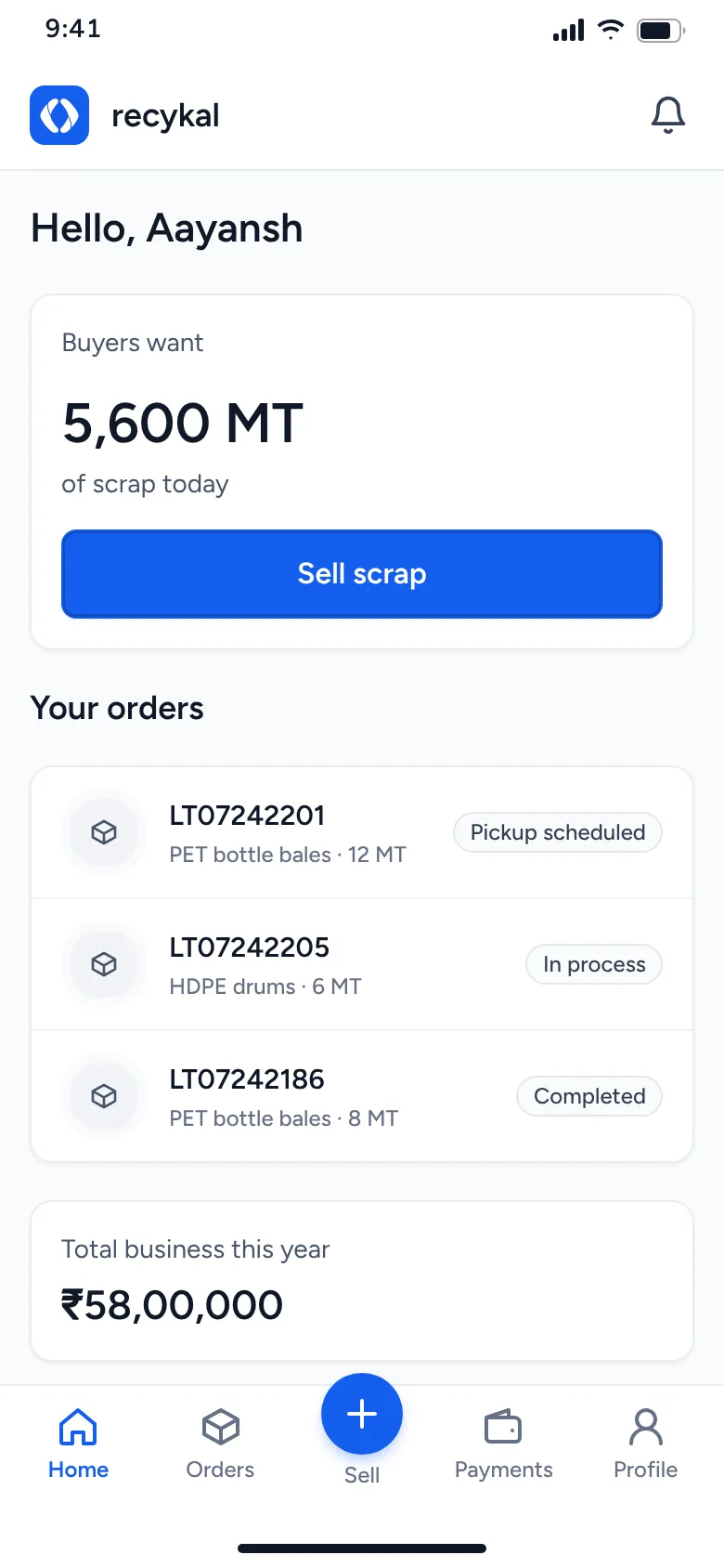 Home version 1 with a sell button and orders