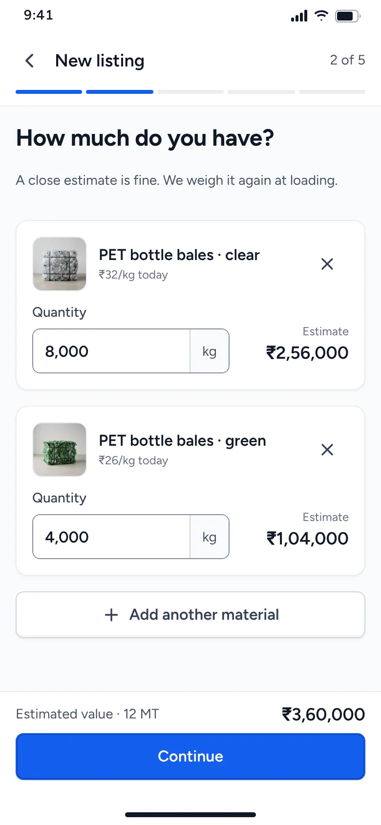Quantity with live estimate