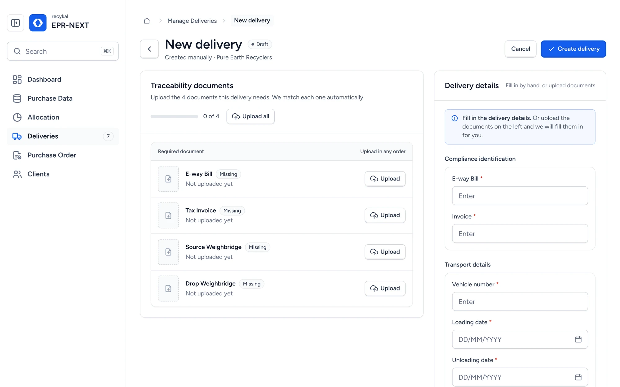 New delivery form with traceability documents and delivery details