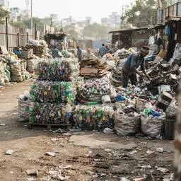 A scrap yard with plastic bales